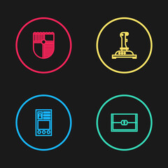 Poster - Set line Create account screen, Chest for game, Joystick arcade machine and Shield icon. Vector