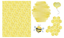 Watercolor Set Of Illustrations In The Theme Of Beekeeping With Honeycomb Geometric Pattern Isolated On White Background.