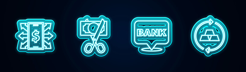 Sticker - Set line Smartphone with dollar, Scissors cutting money, Bank building and Gold bars. Glowing neon icon. Vector