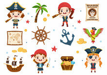 Pirate Cartoon Character Illustration With Treasure Map, Wooden Wheel, Chests, Parrot, Pirate, Ship, Flag And Jolly Roger In Flat Icon Style