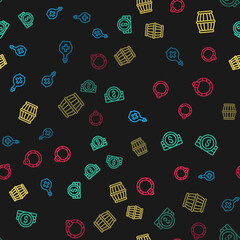 Poster - Set line Bottle with potion, Ancient coin, Gun powder barrel and Magic stone ring on seamless pattern. Vector
