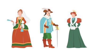 Aristocracy of medieval Europe. People wearing vintage clothes of Renaissance period cartoon vector illustration