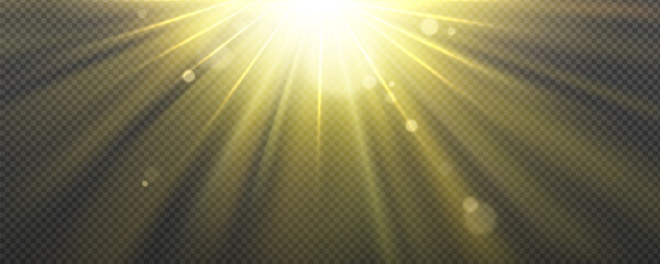 Wall Mural - Sun light effect with yellow rays and lens glare isolated on transparent background. Vector realistic illustration of abstract flare or sunlight shine with blurred beams