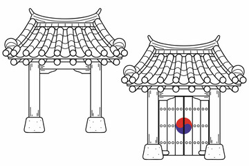 The gate of a traditional Korean house, hanok. Vector line art illustrations set.