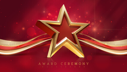 Wall Mural - Award ceremony background with 3d star and gold ribbon decoration with light effect elements.