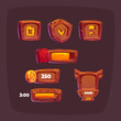 Wooden game buttons, cartoon menu interface, avatar frame, score, level and processing bar wood textured boards, ui or gui graphic design elements, fuel, time, shield isolated 2d vector icons set