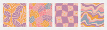 Y2k Groovy Summer Seamless Pattern Set - Floral, Lettering, Checkered, Marble. Funky Retro Aesthetic Prints For Modern Fabric Design With Melting Organic Shapes.