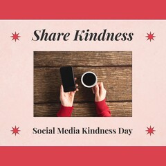 Poster - Cropped hands of caucasian woman holding black coffee and smart phone, social media kindness day