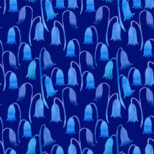 Seamless Pattern Of Bluebells Flowers Painted With Watercolors On A Dark Blue Background. For Fabric, Sketchbook, Wallpaper, Wrapping Paper.