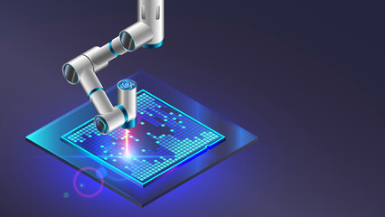 Leinwandbilder - Technology electronic manufacturing of crystal semiconductor chip. Robotic arm productions silicon processor on crystal semiconductor. Electronics industry equipment. Nanotechnology cpu factory.