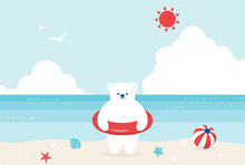 Summer Vector Background With A Polar Bear On The Beach For Banners, Cards, Flyers, Social Media Wallpapers, Etc.