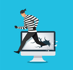 Poster - Hacker, thief hacking into a computer. vector illustration