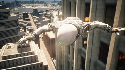 Wall Mural - astronaut flying past skyscrapers in a metropolis. astronaut-traveler falling from space. the cosmon