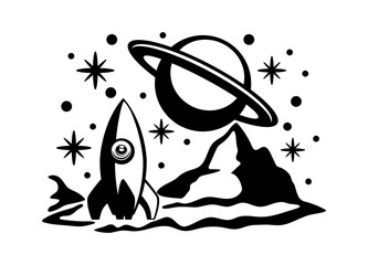 Wall Mural - Space illustration with a rocket on the background of the planet Saturn and stars.