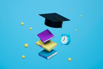 minimalist yellow balls, books and graduation cap floating in the air on blue background. 3d render