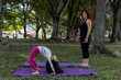 © Amilciar - Latin American mom and daughter have fun in the park doing yoga and exercise together