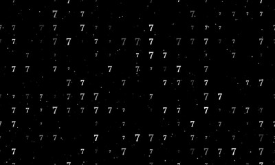 Seamless background pattern of evenly spaced white number seven symbols of different sizes and opacity. Vector illustration on black background with stars