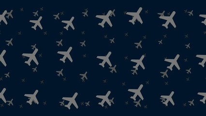 Poster - Plane symbols float horizontally from left to right. Parallax fly effect. Floating symbols are located randomly. Seamless looped 4k animation on dark blue background