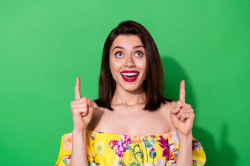 Wall Mural - portrait of positive pretty girl look indicate fingers up empty space ad blank isolated on green col