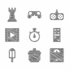 Sticker - Set Stopwatch, Cooking pot, Bathroom scales, Domino, Ice cream, Play Video, Gamepad and Business strategy icon. Vector