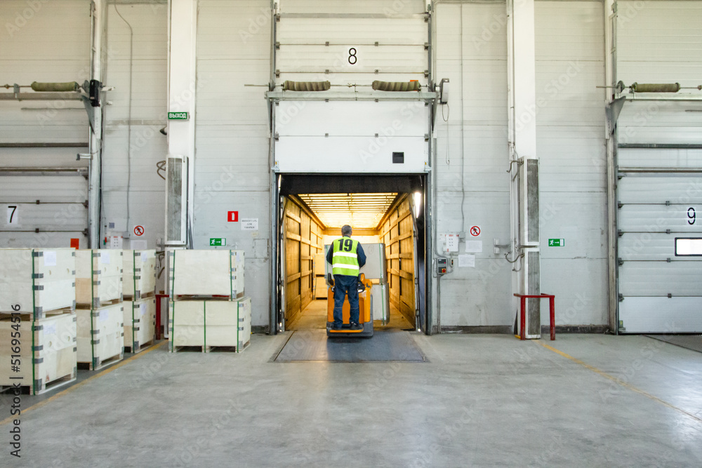 General view to the loading gates inside the warehouse.Interior of a ...