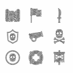 Wall Mural - Set Cannon, Lifebuoy, Pirate flag, Skull crossbones, coin, Shield with pirate skull, sword and treasure map icon. Vector