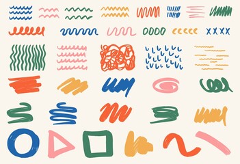 Wall Mural - Set of different abstract shapes and patterns. Hand drawn doodles. Modern fashion illustration. Flat design, cartoon drawing, vector.