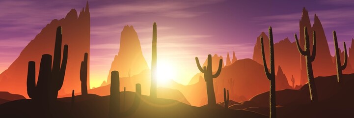 Canvas Print - Cacti in the desert at sunset, rocky desert with cacti in the background of the sun, 3d rendering