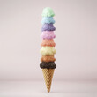 Waffle cone with stacked ice cream scoops forming a rainbow color palette. 3D illustration