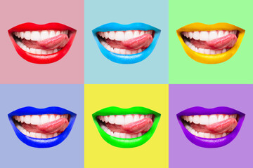 Wall Mural - Women smiling mouths with glossy lips showing tongue isolated on backgrounds of six different colors. Smiles, joy, positive emotions. Trendy collage in magazine style. Contemporary art. Modern design