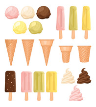 Set Of Colorful Ice Cream Sundae Cone In Flat Design. Summer Clip Arts Illustration