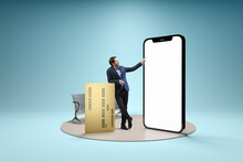 Young Man, Businessman Standing In Front Of 3d Model Of Cellphone With Blank White Screen Isolated On Blue Background. Online Shopping, Payment, New App Or Website,