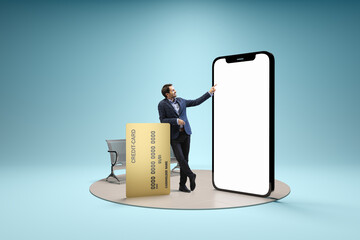 Young man, businessman standing in front of 3d model of cellphone with blank white screen isolated on blue background. Online shopping, payment, new app or website,