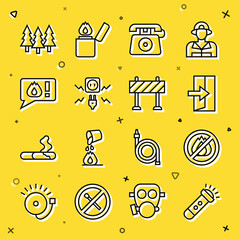 Sticker - Set line Flashlight, No fire, Fire exit, Telephone call 911, Electricity spark, Forest and Road barrier icon. Vector