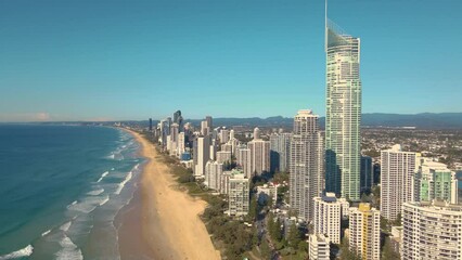 Canvas Print - Aerial drone view of the iconic Gold Coast Beach at Surfers Paradise on the Gold Coast of Queensland, Australia on a sunny day 