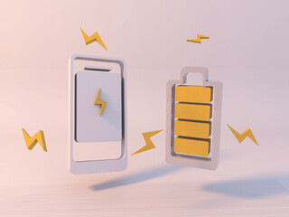 Fototapete - smartphone with a charging icon in the form of a yellow lightning bolt with a white wire usb on a gray background. fast charging concept. 3d illustration. 3d render