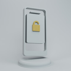 Poster - white smartphone with yellow lock icon on a round white stand on a white background. minimalism. 3d illustration. 3d render