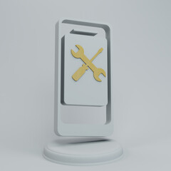 Poster - white smartphone with yellow tools icon on a round stand on a white background. minimalism. 3d illustration. 3d render
