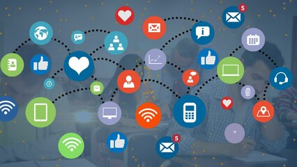 Poster - Animation of media icons over diverse students writing