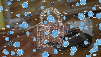 Poster - Animation of network of connections with icons and padlock over caucasian man paying with smartphone