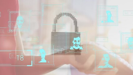 Poster - Animation of data processing with people portraits over caucasian man paying with smartphone