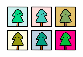 Poster - Set of new year trees in cartoon doodle style smiling pine