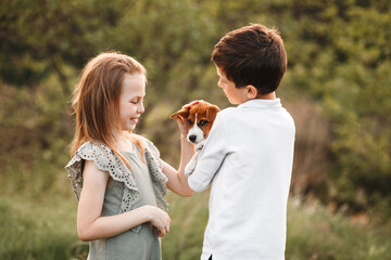 Two kids boy and girl walking playing taking care of pet jack russell terrier puppy outdoors. Friendship. Childhood. Lifestyle.