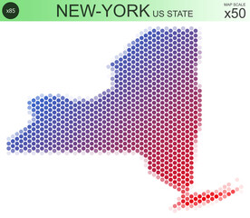 Wall Mural - Dotted map of the state of New-York in the USA, from circles placed in hexagons. Scaled 50x50 elements. With rough edges from a color gradient and a smooth gradient from one color to another.