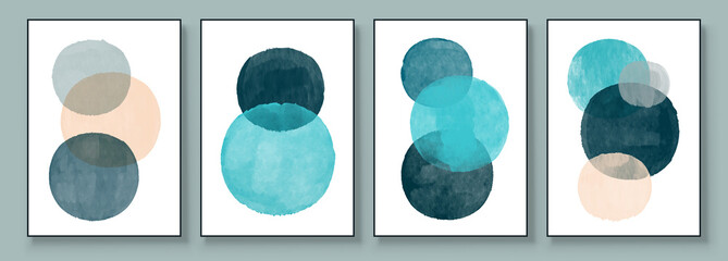 Set of Abstract Hand Painted Illustrations for Wall Decoration, Postcard, Social Media Banner, Brochure Cover Design Background. Modern Abstract Painting Artwork with Circle. Sphere Vector Pattern.	