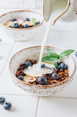 Poster - Chocolate granola and milk with blueberries, banana and mint. Healthy food