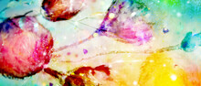 Künstlerisches Florales Banner In Blühendem Farbenrausch Mit Stilisiertem Granatapfel Und Sprühenden Lichtfunken Symbolisiert Essentielle Lebensenergie Und Pflanzenkraft 