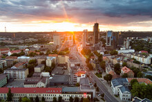 Beautiful Aerial Evening View Of Vilnius Business District With Scenic Sunset Illumination.