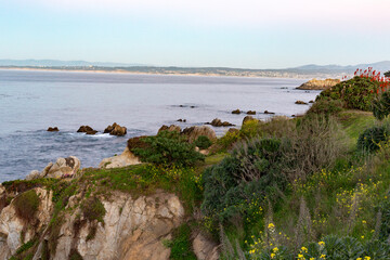 Pacific ocean sunset with the coast