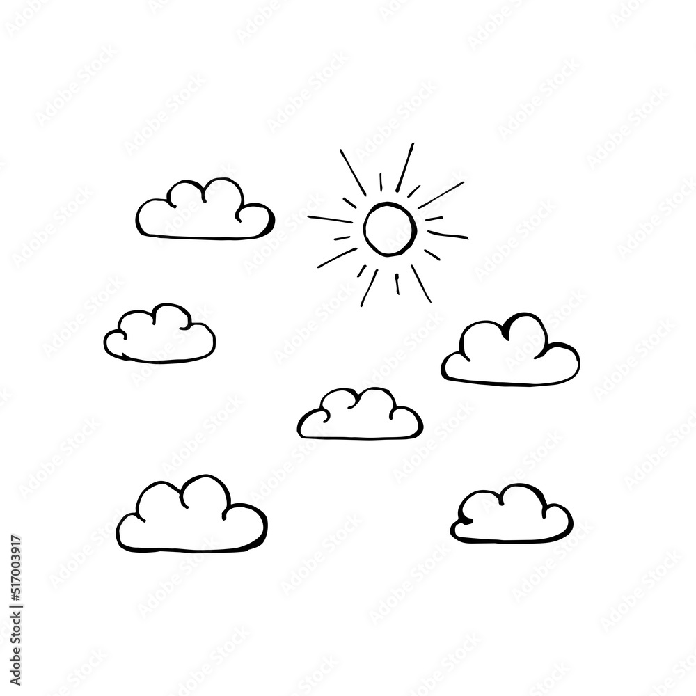 Sun clouds hand drawn vector drawing color black Stock Vector | Adobe Stock